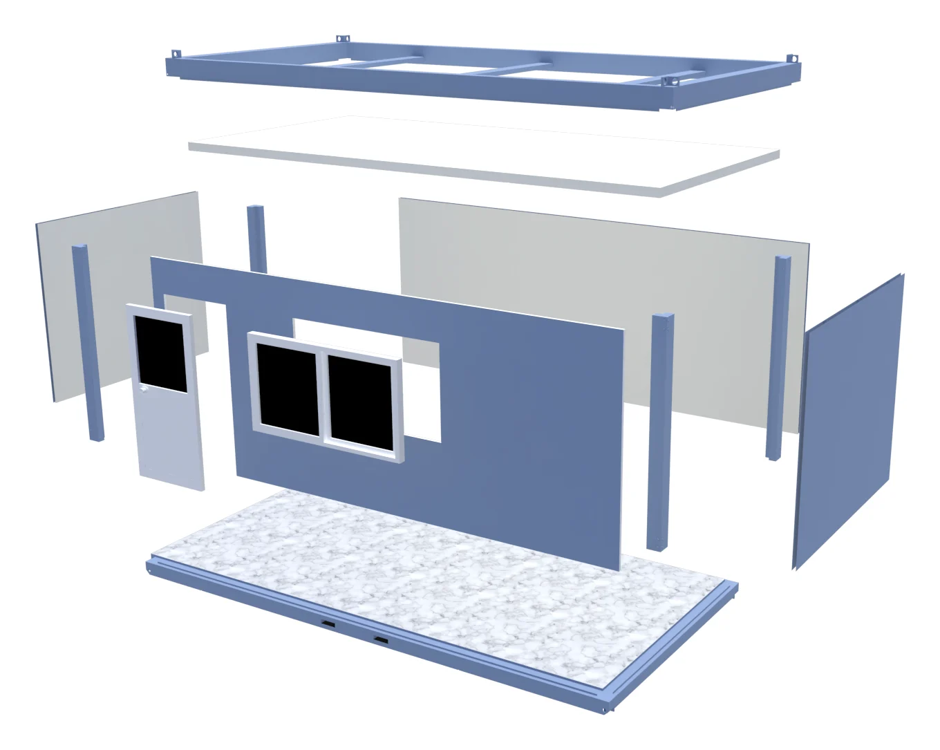 ภาพแยกชิ้นส่วนยูนิตเฮาส์ Container To Build: ฐานหลังคา เสา 4 ต้น ฐานพื้น แผ่นผนัง หน้าต่าง และประตู